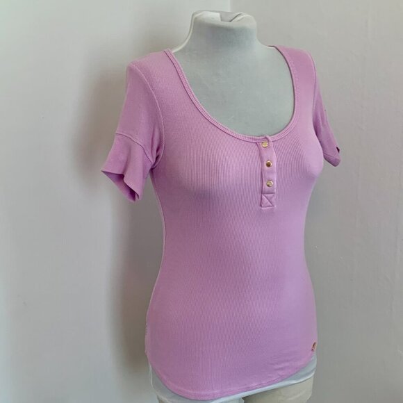 VTG 90s 2000 BEBE Lavender Ribbed Basic Short Sleeve Henley Top Button Purple S - Picture 2 of 12